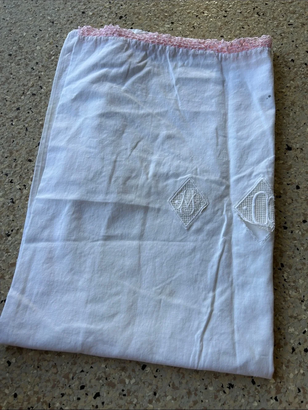 Vintage Pair of White Linen Pillowcase with Pink Lace Trim